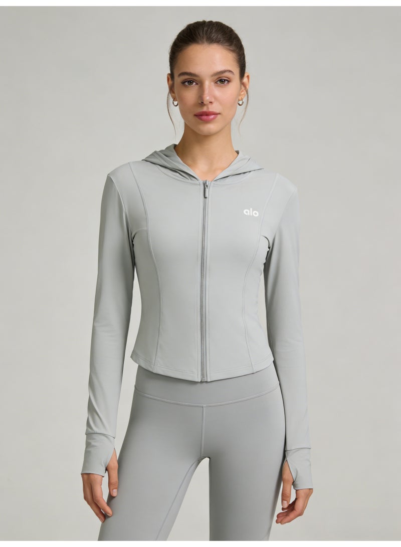 Alo Yoga Alo Women’s Light Gray Full-Zip Hooded Long-Sleeve Cropped Active Jacket - Image 5